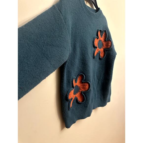 Jodifl Teal Sweater with Textured Orange Flower Appliqué – Retro Floral Knit - Picture 2 of 5